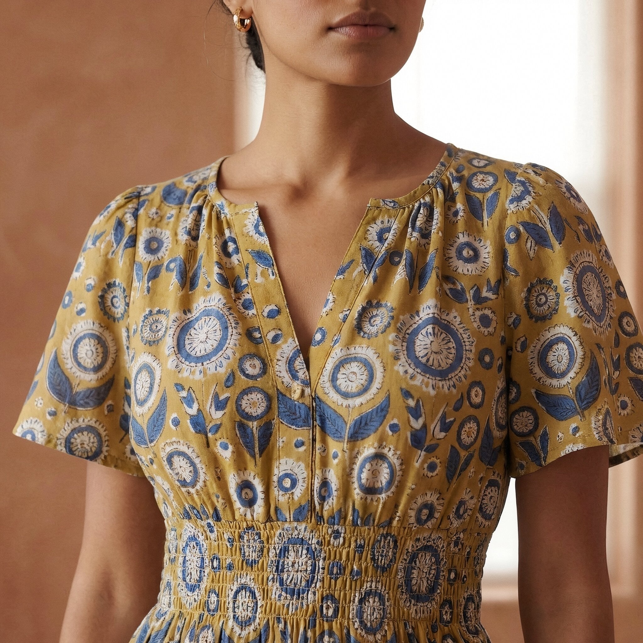 Mustard Floral Block Print Cotton Elasticated Short Tier Dress