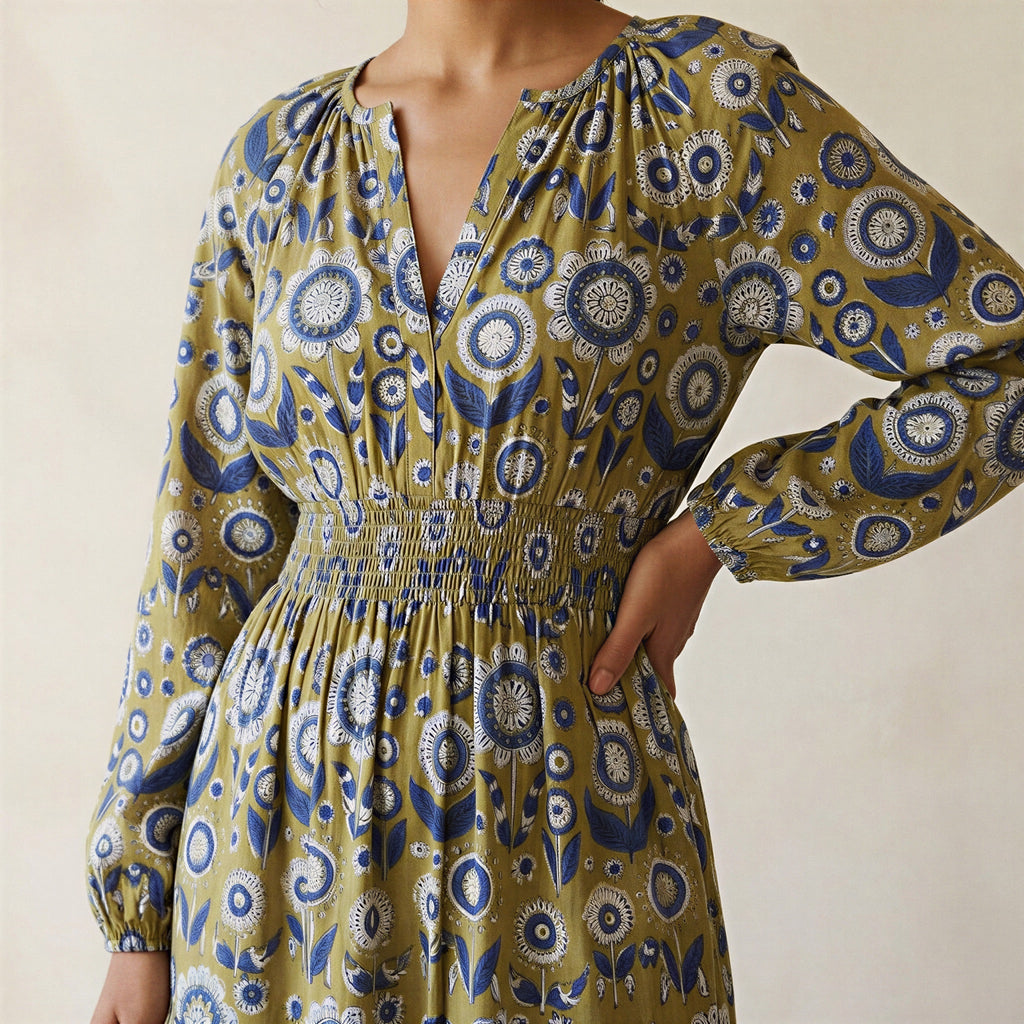 Mustard Floral Block Print Cotton Fit and Flare Maxi Tier Dress