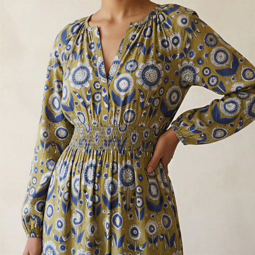 Mustard Floral Block Print Cotton Fit and Flare Maxi Tier Dress