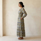 Mustard Floral Block Print Cotton Fit and Flare Maxi Tier Dress