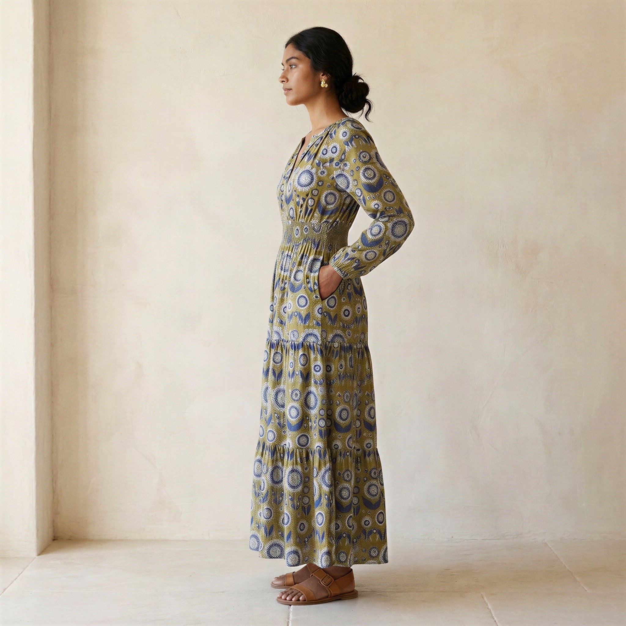 Mustard Floral Block Print Cotton Fit and Flare Maxi Tier Dress