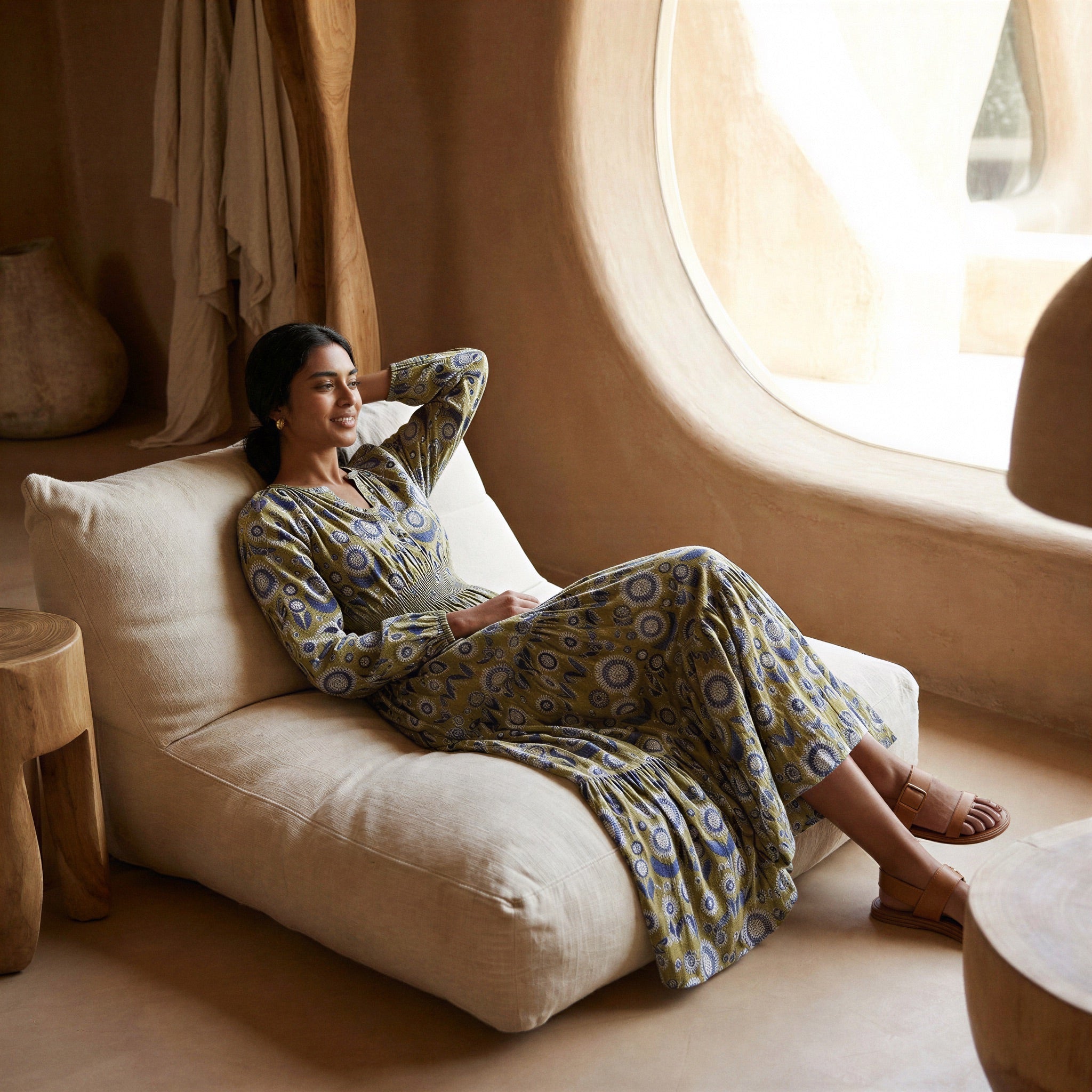 Mustard Floral Block Print Cotton Fit and Flare Maxi Tier Dress