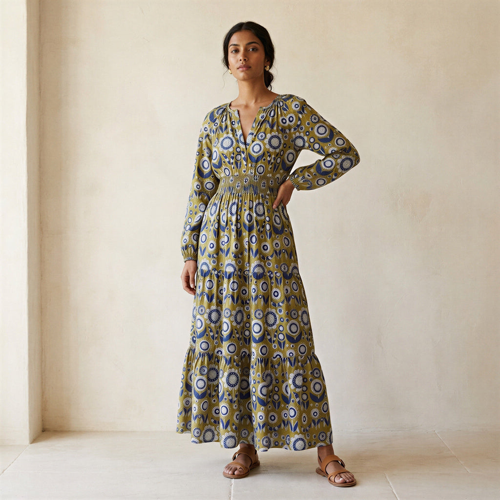 Mustard Floral Block Print Cotton Fit and Flare Maxi Tier Dress