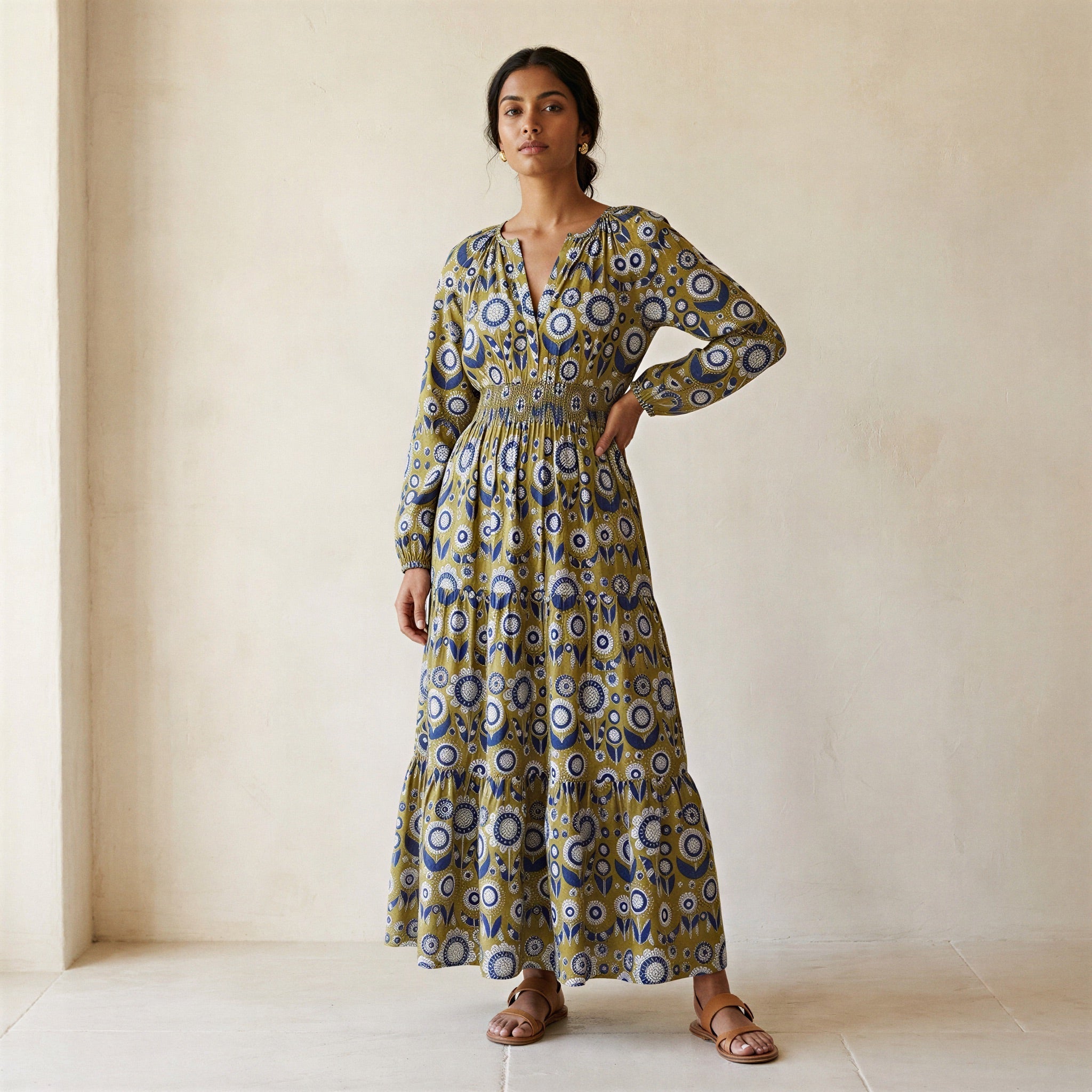 Mustard Floral Block Print Cotton Fit and Flare Maxi Tier Dress