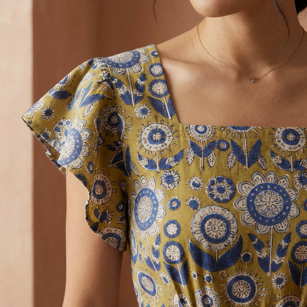 Mustard Floral Block Print Cotton Open-Back Fit and Flare Knee Length Dress