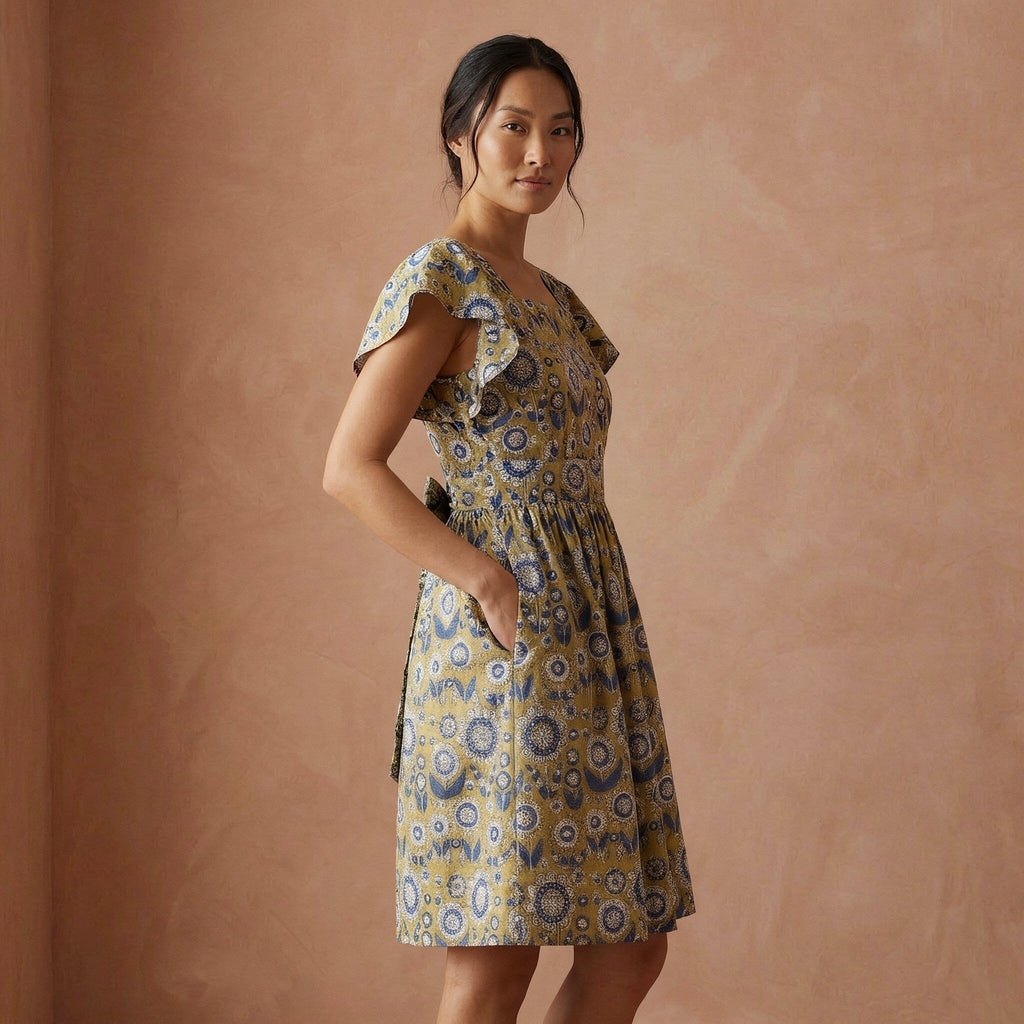 Mustard Floral Block Print Cotton Open-Back Fit and Flare Knee Length Dress