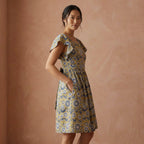 Mustard Floral Block Print Cotton Open-Back Fit and Flare Knee Length Dress