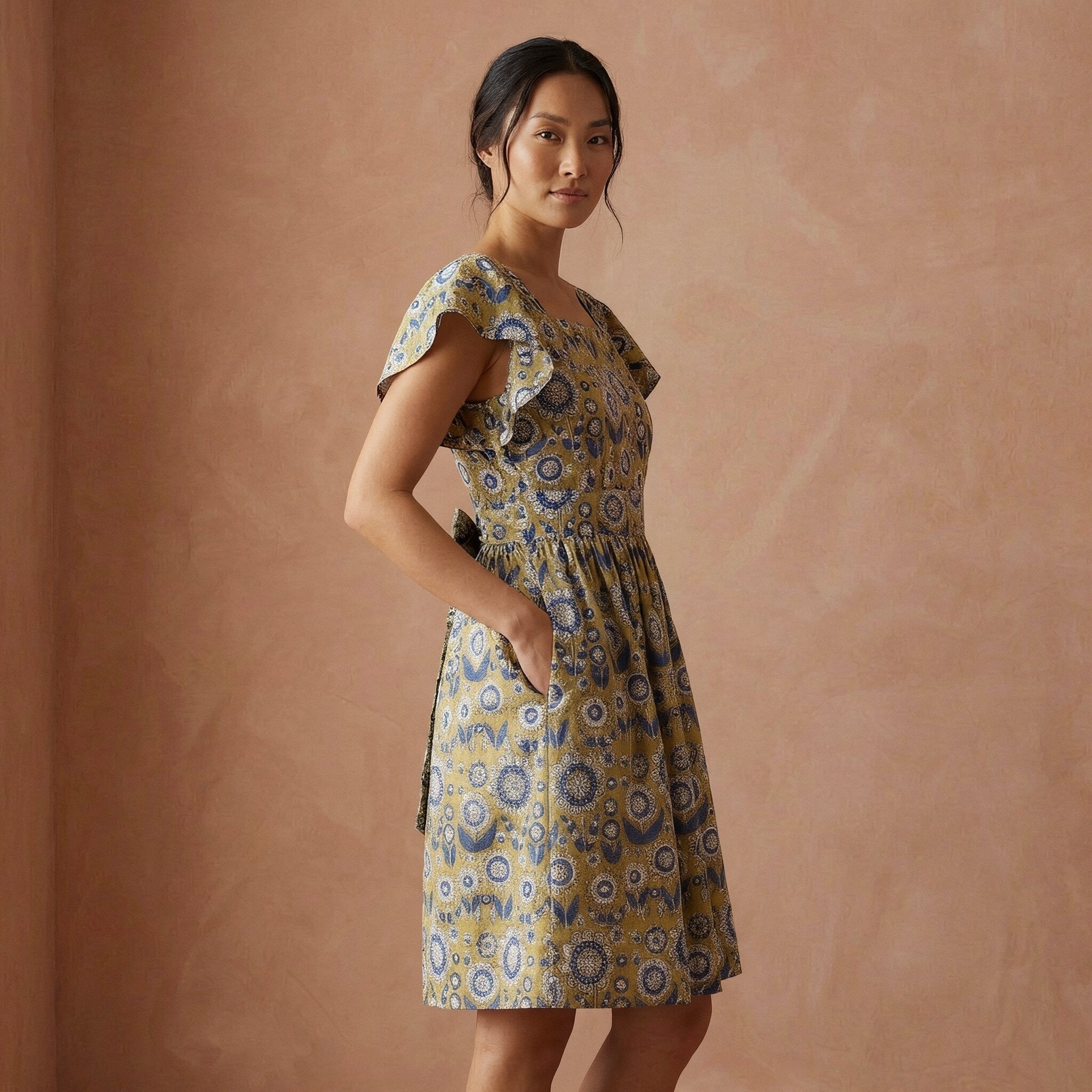 Mustard Floral Block Print Cotton Open-Back Fit and Flare Knee Length Dress