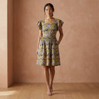 Mustard Floral Block Print Cotton Open-Back Fit and Flare Knee Length Dress