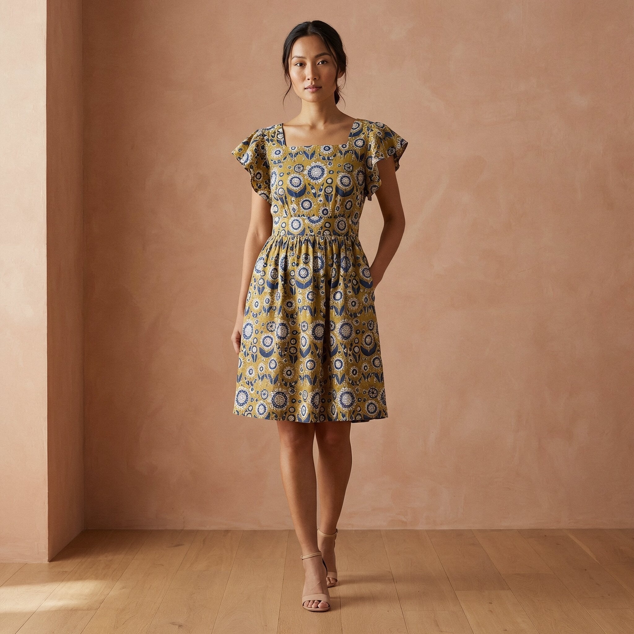 Mustard Floral Block Print Cotton Open-Back Fit and Flare Knee Length Dress