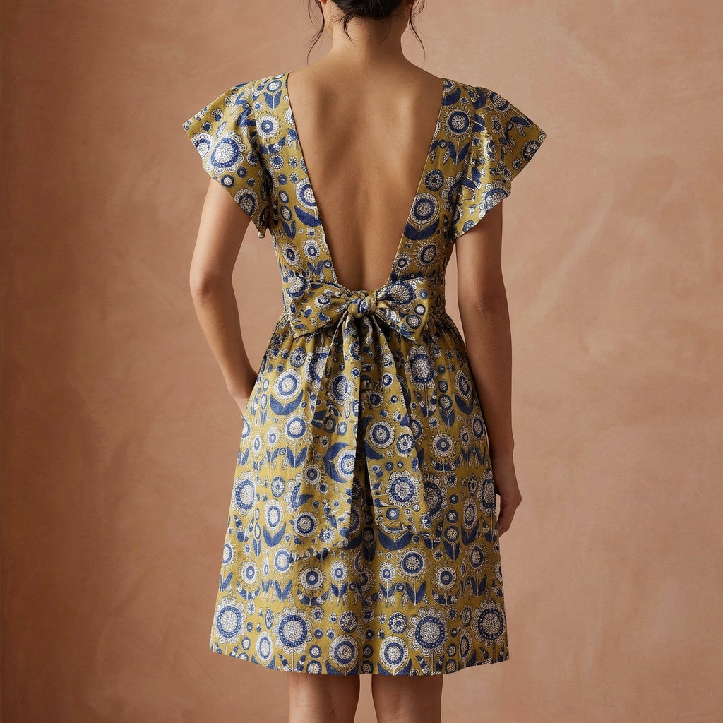 Mustard Floral Block Print Cotton Open-Back Fit and Flare Knee Length Dress