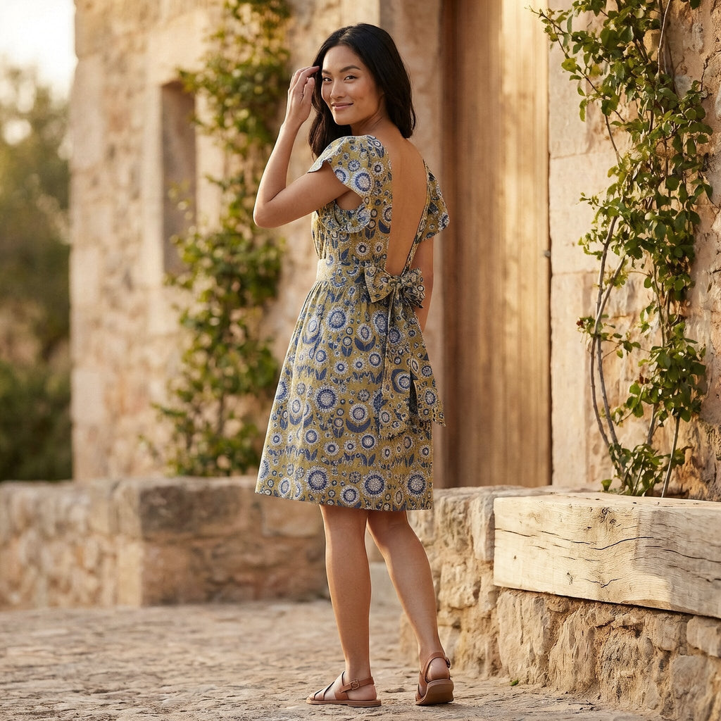 Mustard Floral Block Print Cotton Open-Back Fit and Flare Knee Length Dress