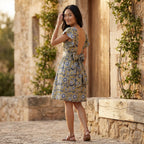 Mustard Floral Block Print Cotton Open-Back Fit and Flare Knee Length Dress
