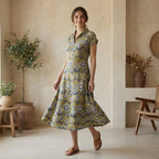 Mustard Floral Block Print Cotton Paneled A-Line Midi Dress