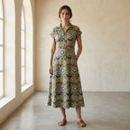 Mustard Floral Block Print Cotton Paneled A-Line Midi Dress