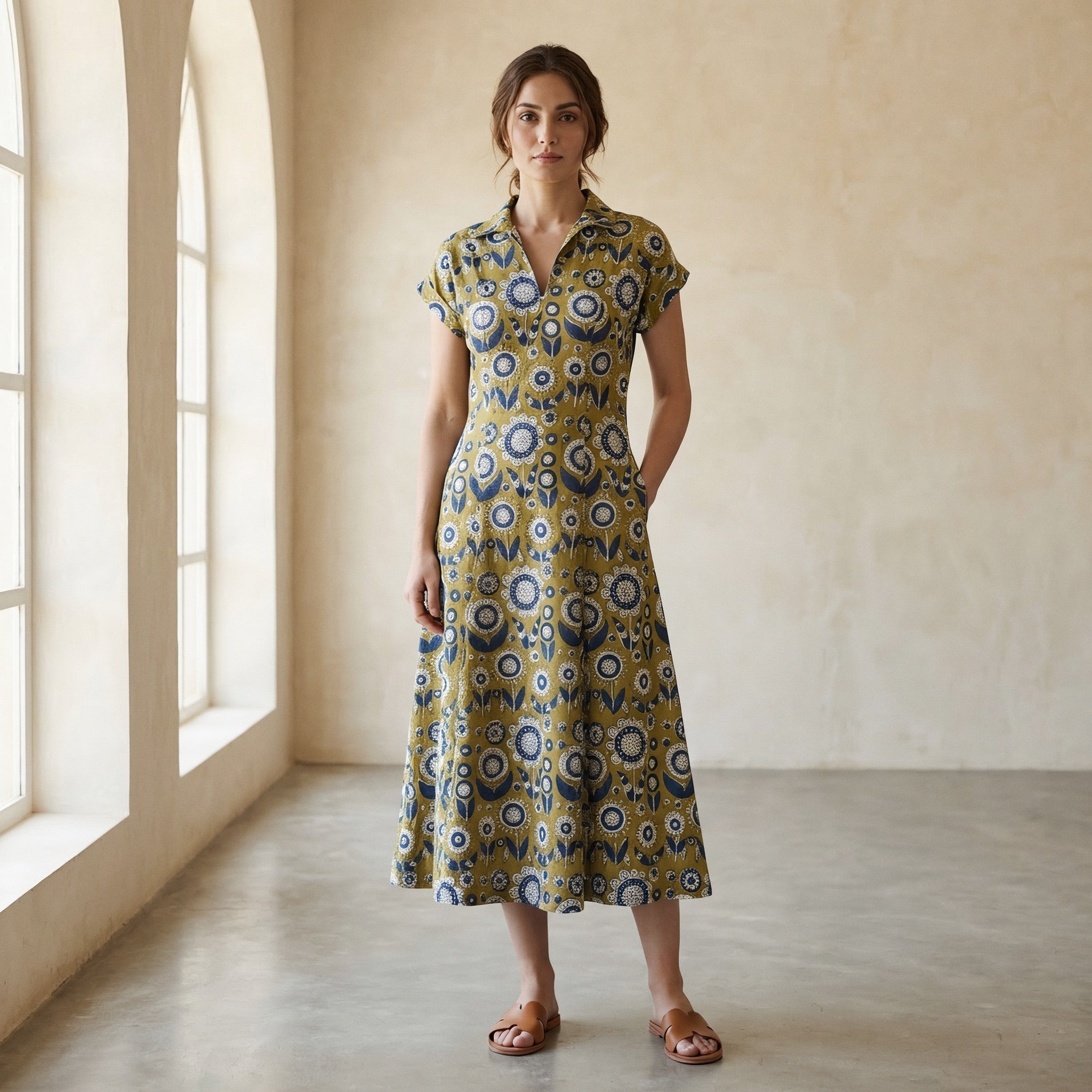 Mustard Floral Block Print Cotton Paneled A-Line Midi Dress