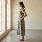 Mustard Floral Block Print Cotton Paneled A-Line Midi Dress