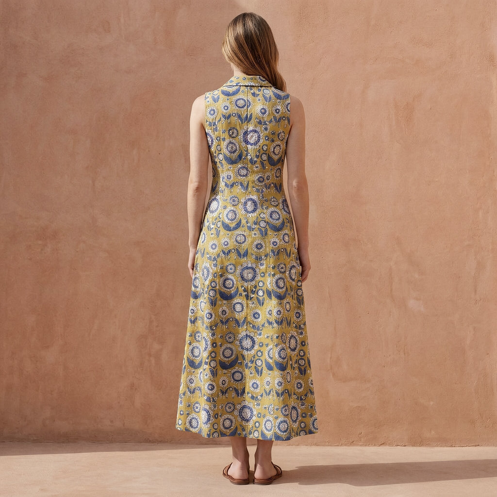 Mustard Floral Block Print Cotton Paneled Sleeveless Maxi Dress