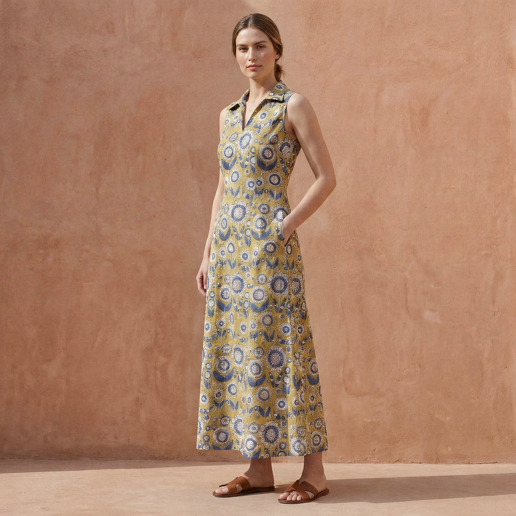 Mustard Floral Block Print Cotton Paneled Sleeveless Maxi Dress