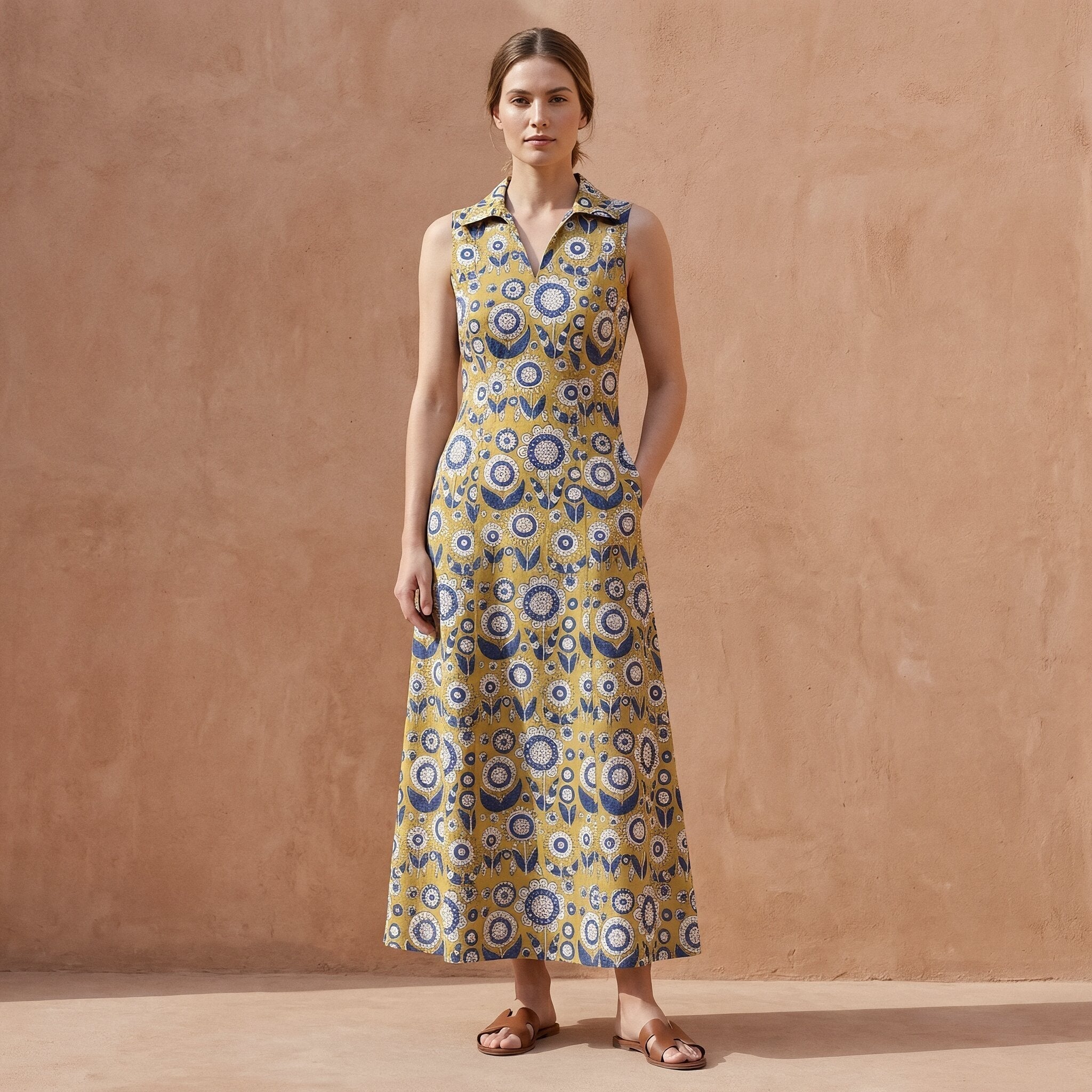 Mustard Floral Block Print Cotton Paneled Sleeveless Maxi Dress