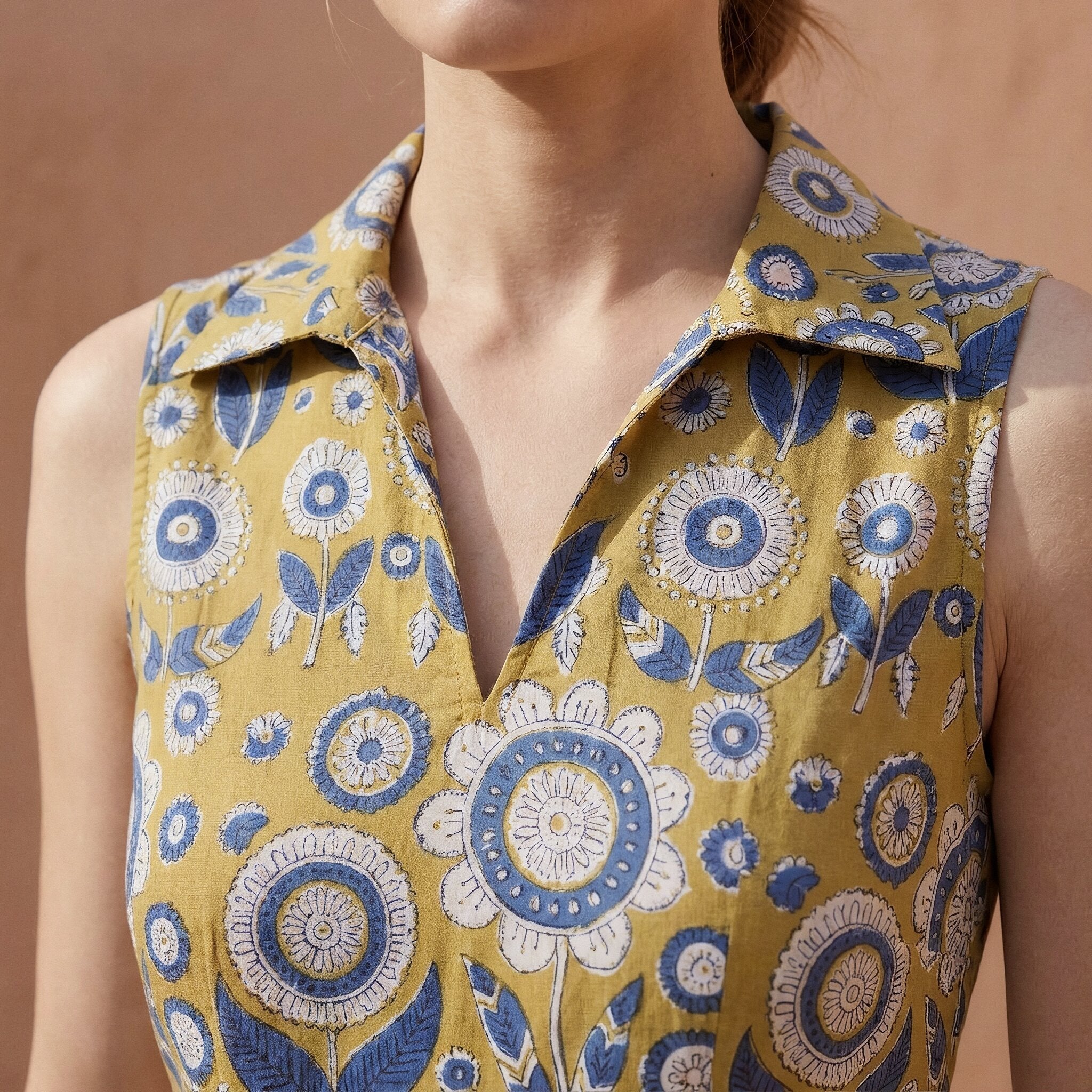 Mustard Floral Block Print Cotton Paneled Sleeveless Maxi Dress