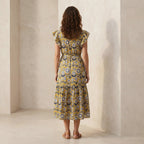 Mustard Floral Block Print Cotton Ruffle Midi Wrap Dress