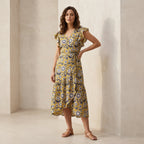 Mustard Floral Block Print Cotton Ruffle Midi Wrap Dress
