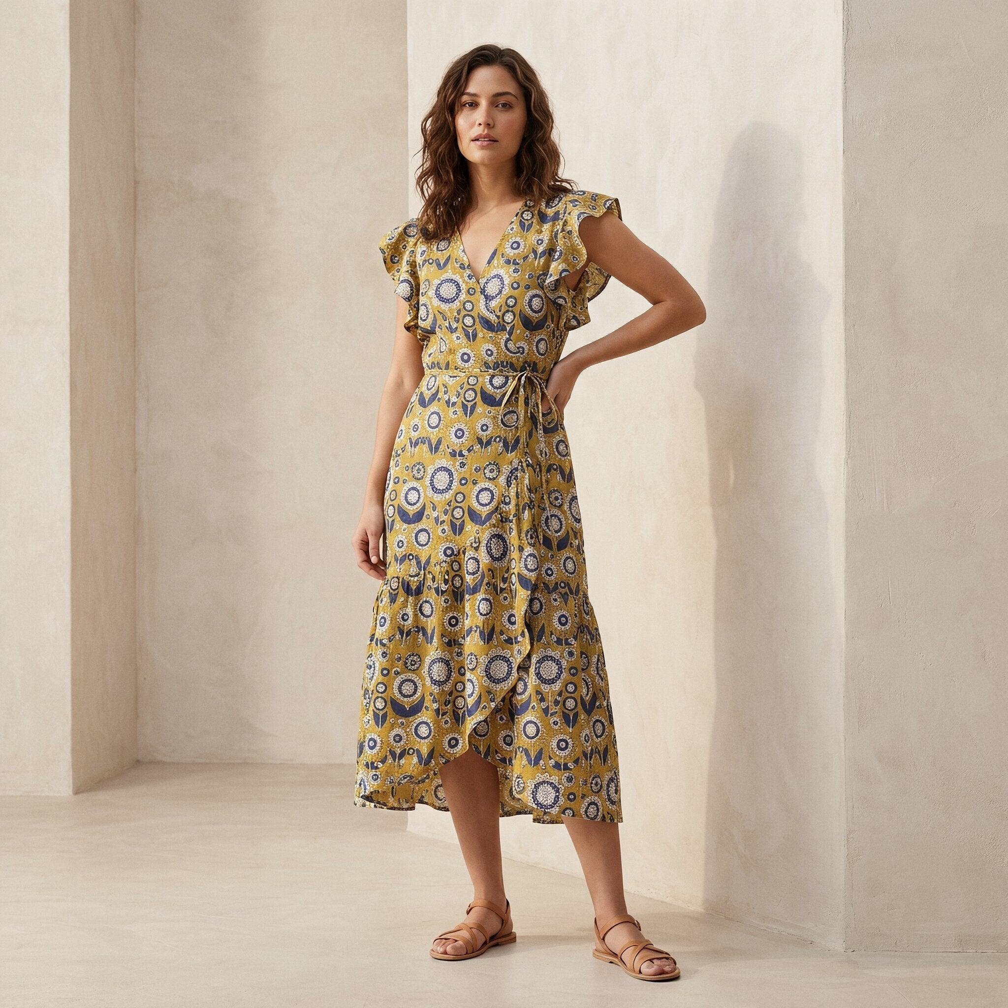 Mustard Floral Block Print Cotton Ruffle Midi Wrap Dress