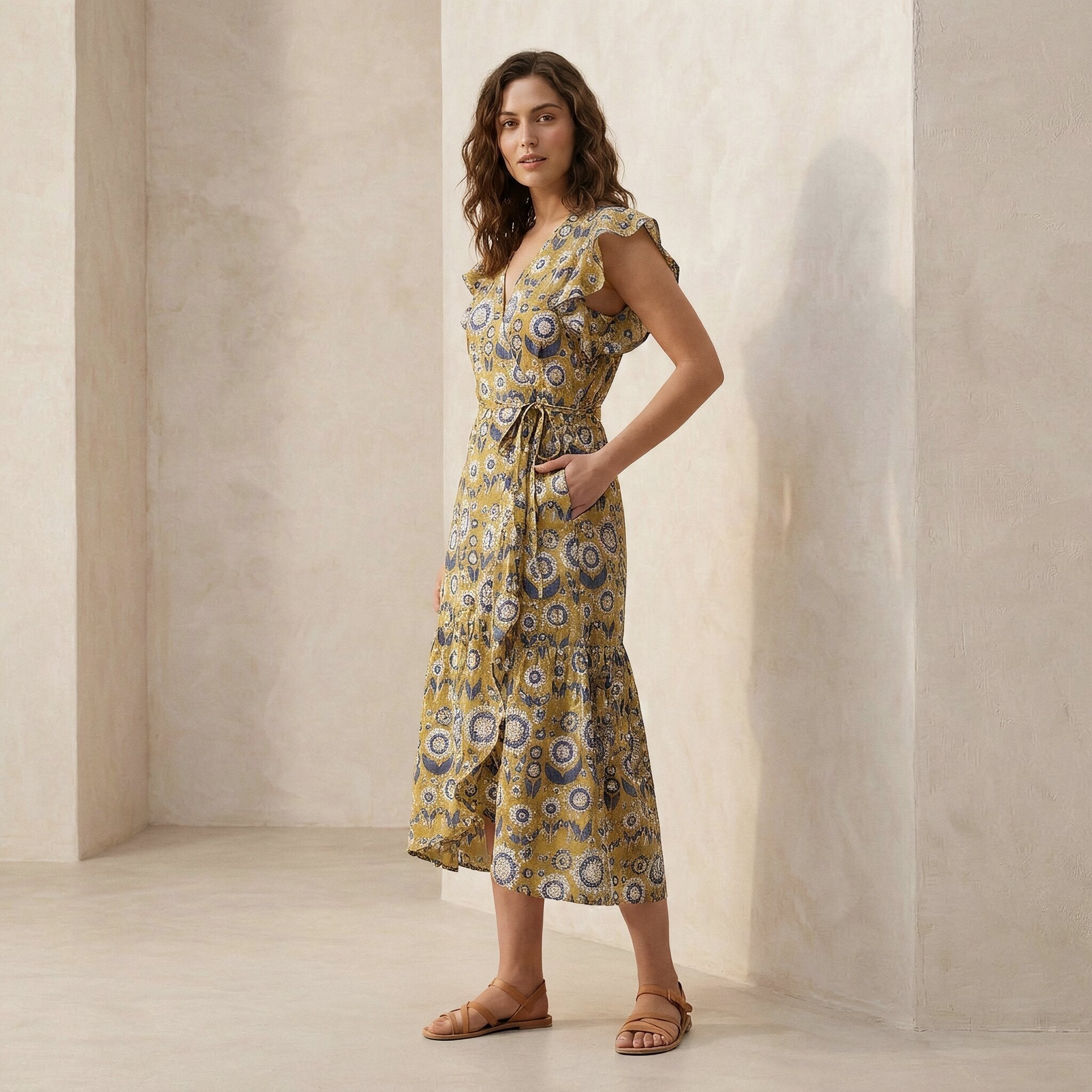 Mustard Floral Block Print Cotton Ruffle Midi Wrap Dress