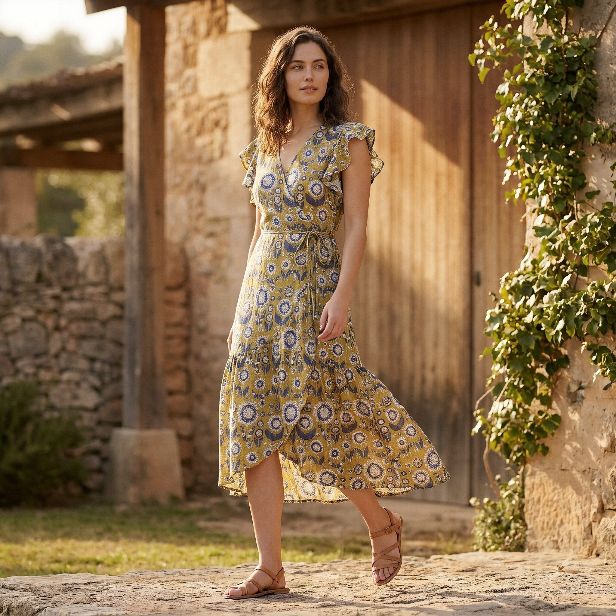 Mustard Floral Block Print Cotton Ruffle Midi Wrap Dress