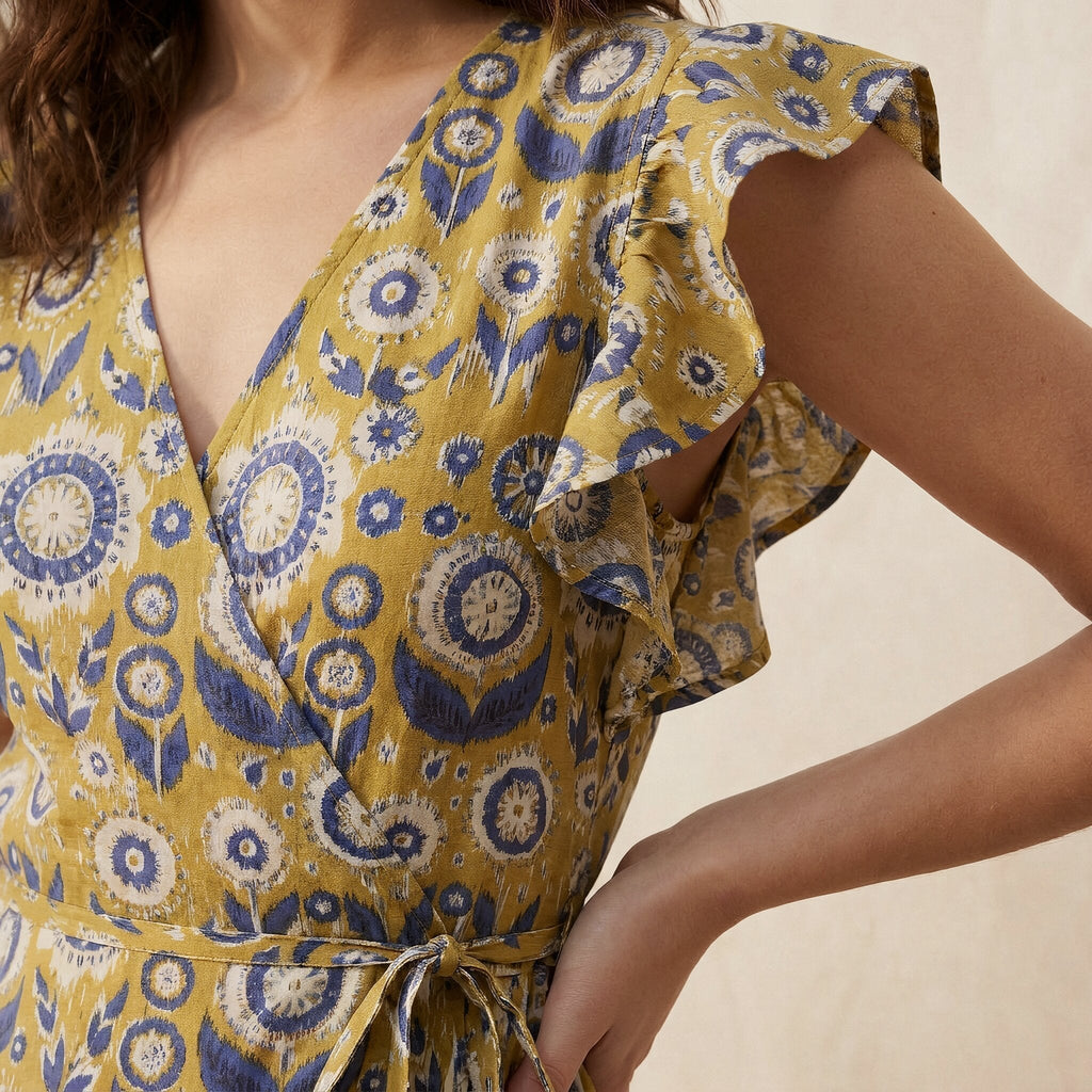 Mustard Floral Block Print Cotton Ruffle Midi Wrap Dress
