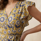 Mustard Floral Block Print Cotton Ruffle Midi Wrap Dress