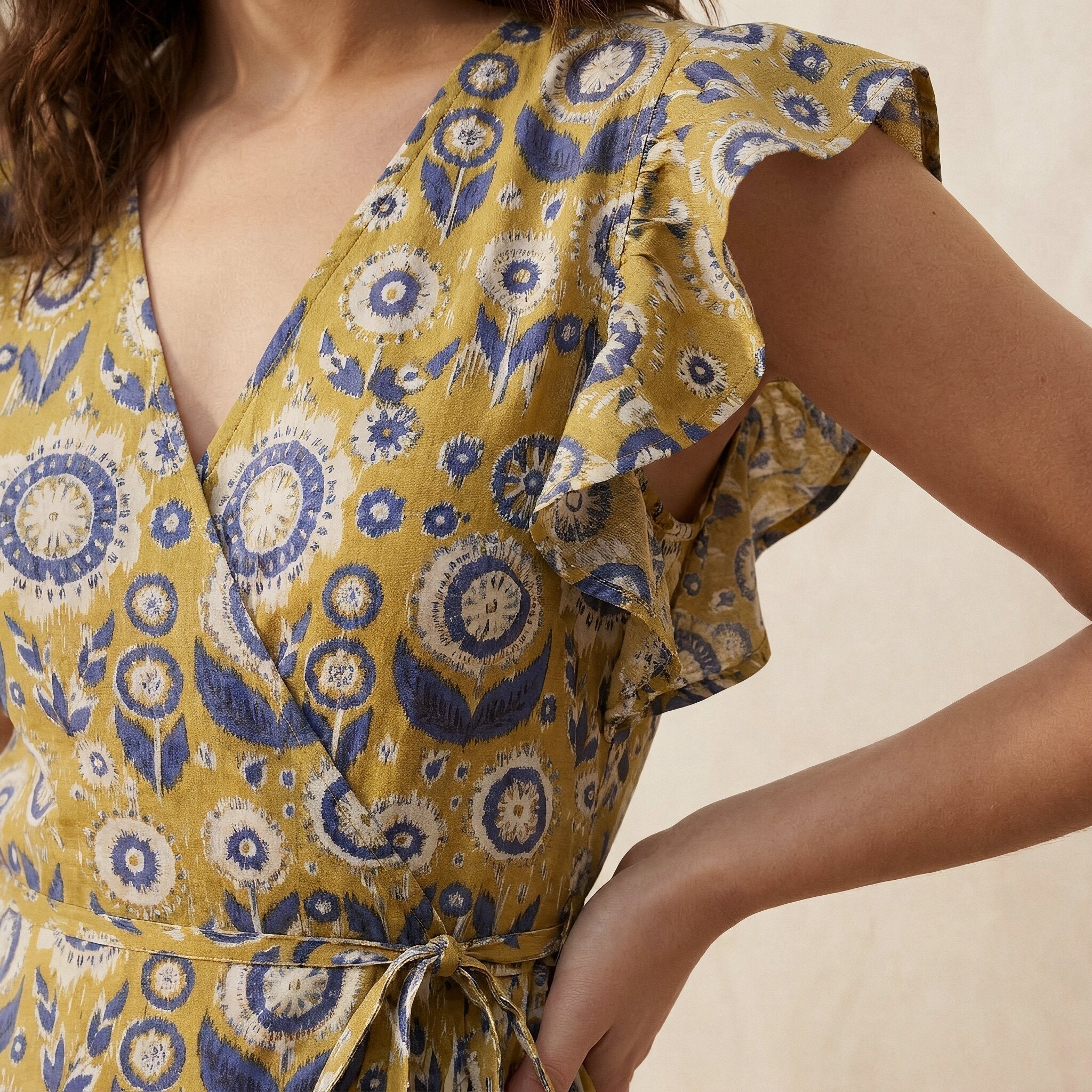 Mustard Floral Block Print Cotton Ruffle Midi Wrap Dress