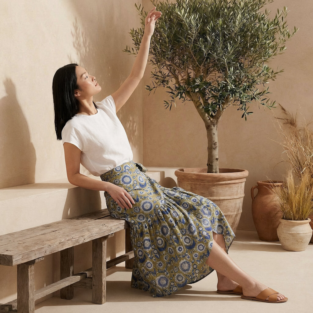 Mustard Floral Block Print Cotton Ruffle Midi Wrap Skirt