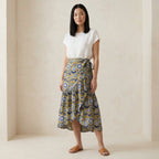 Mustard Floral Block Print Cotton Ruffle Midi Wrap Skirt