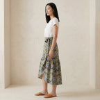 Mustard Floral Block Print Cotton Ruffle Midi Wrap Skirt