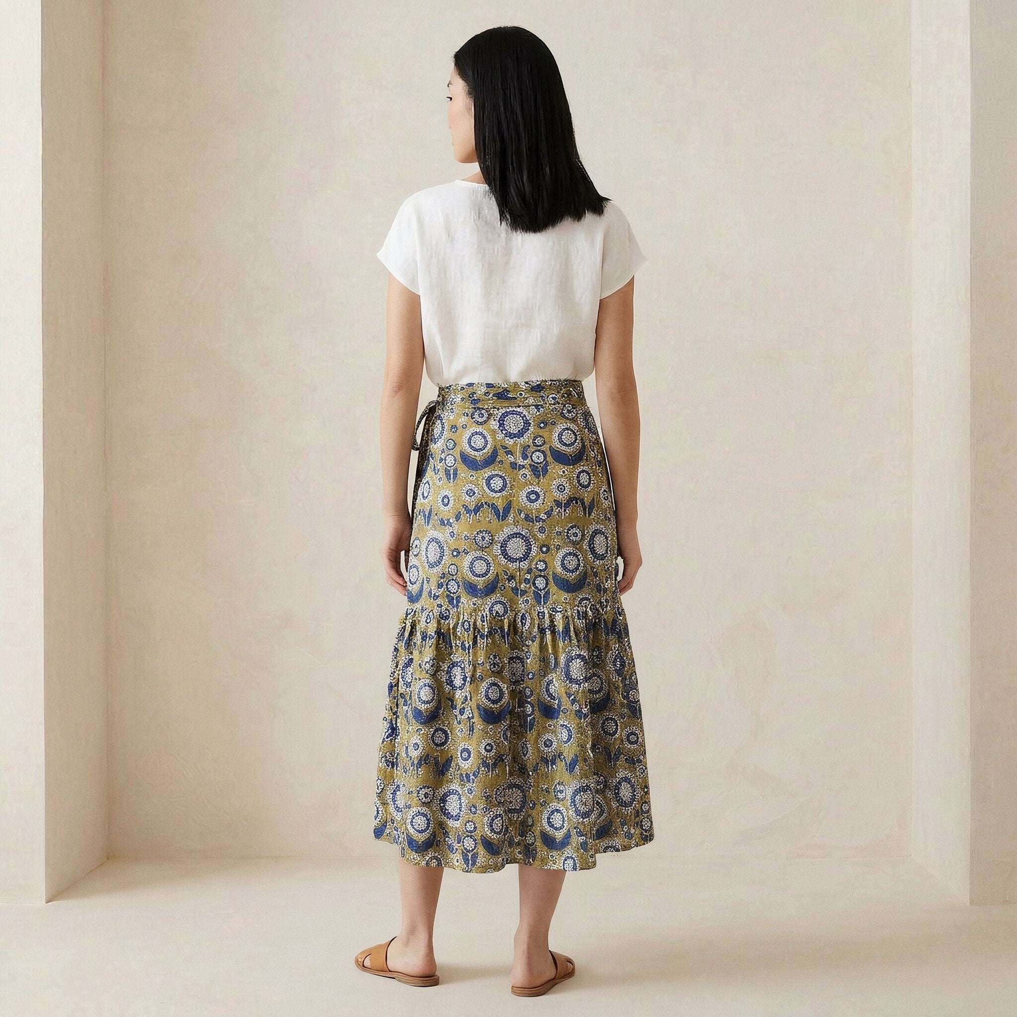 Mustard Floral Block Print Cotton Ruffle Midi Wrap Skirt