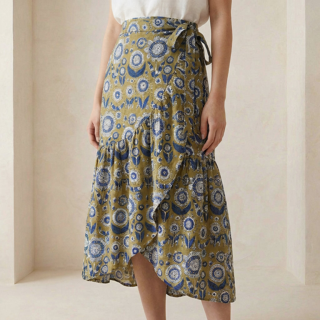 Mustard Floral Block Print Cotton Ruffle Midi Wrap Skirt