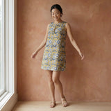 Mustard Floral Block Print Cotton Sleeveless A-Line Short Shift Dress