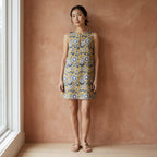 Mustard Floral Block Print Cotton Sleeveless A-Line Short Shift Dress