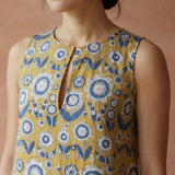 Mustard Floral Block Print Cotton Sleeveless A-Line Short Shift Dress