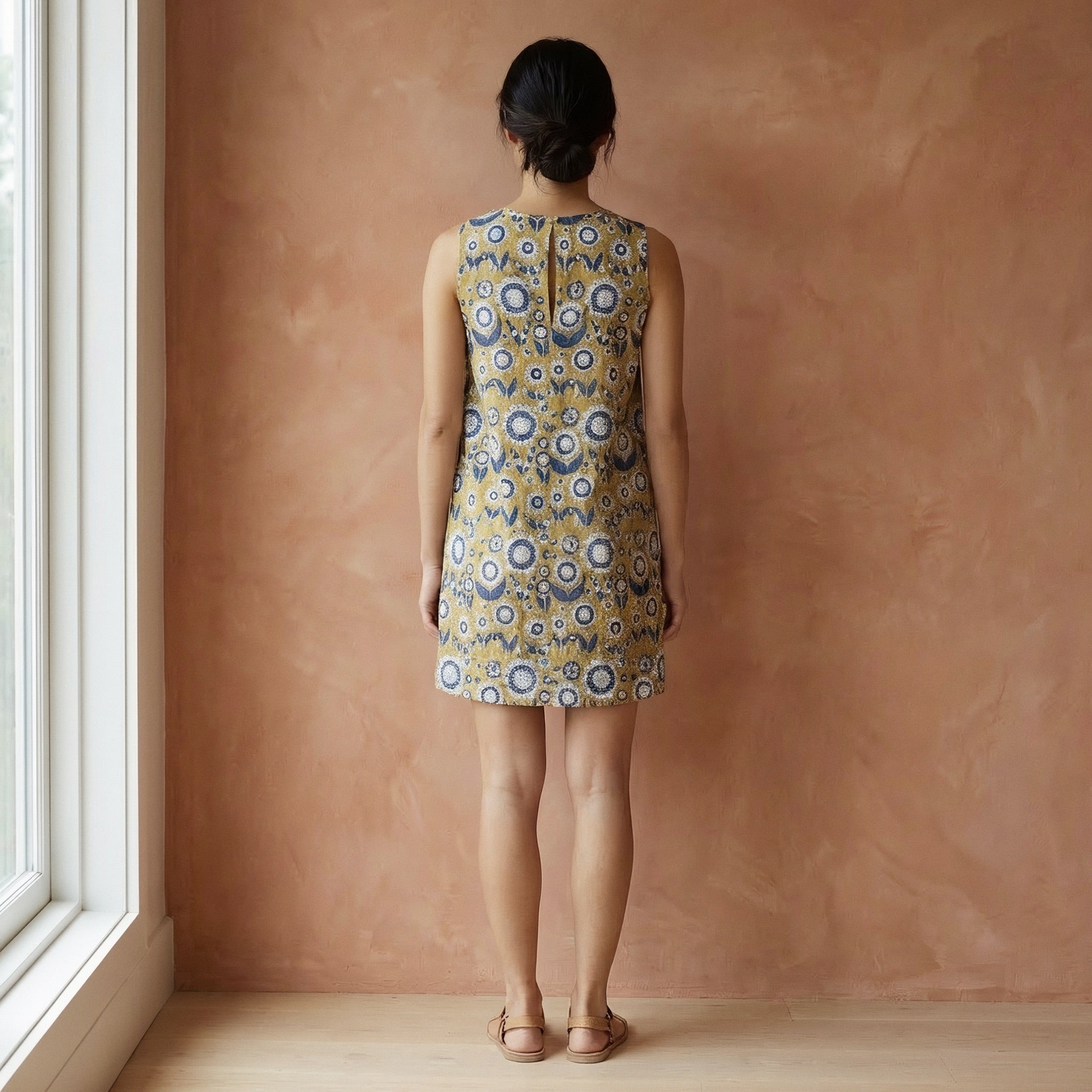 Mustard Floral Block Print Cotton Sleeveless A-Line Short Shift Dress