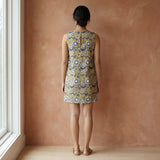Mustard Floral Block Print Cotton Sleeveless A-Line Short Shift Dress