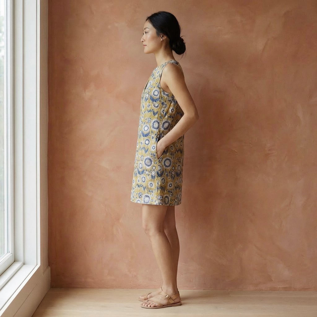 Mustard Floral Block Print Cotton Sleeveless A-Line Short Shift Dress