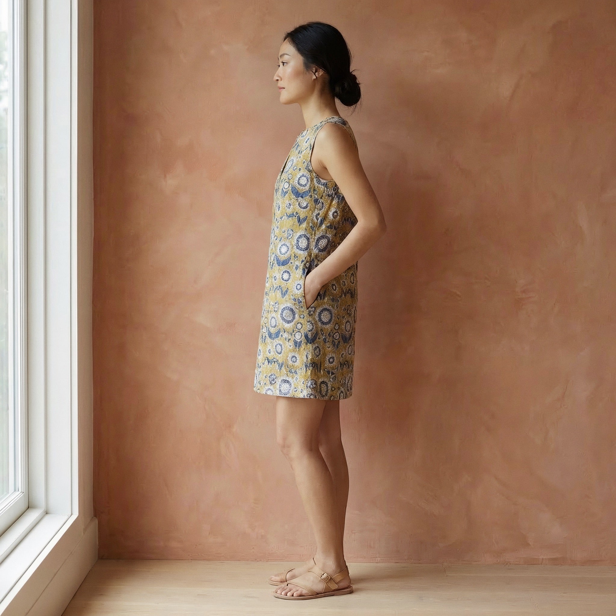 Mustard Floral Block Print Cotton Sleeveless A-Line Short Shift Dress