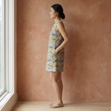 Mustard Floral Block Print Cotton Sleeveless A-Line Short Shift Dress