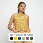 Front View of a Model wearing Mustard Bagru Block Printed Yoked Top