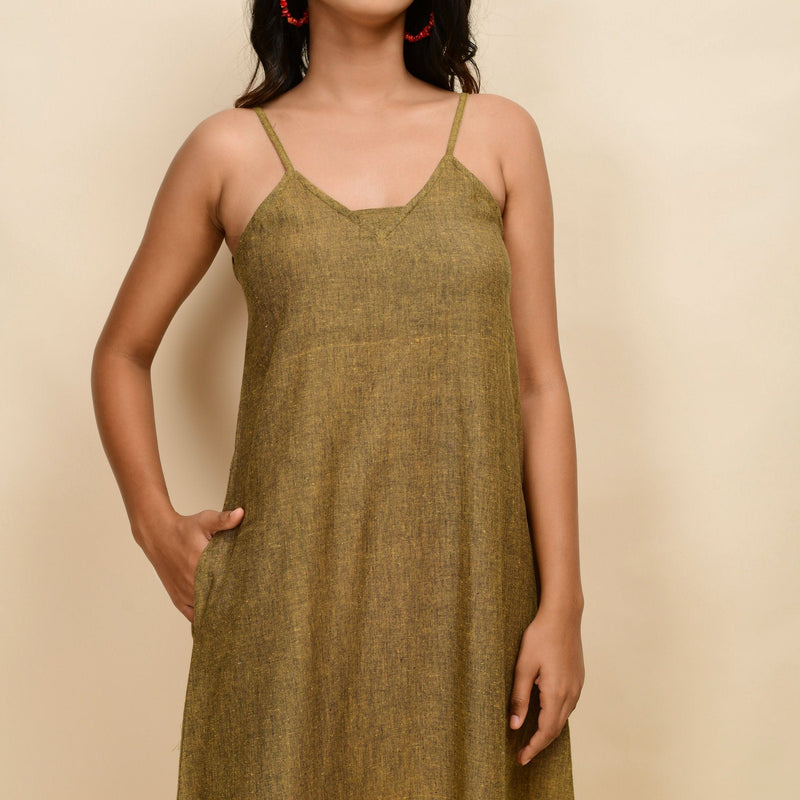 Front Detail of a Model wearing Mustard Gold 100% Cotton Khadi A-Line Dress