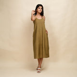 Front View of a Model wearing Mustard Gold 100% Cotton Khadi A-Line Dress