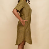 Right Detail of a Model wearing Mustard Gold 100% Cotton Knee Length Dress